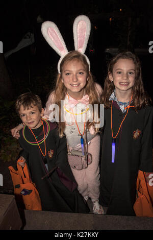 Halloween trick and treaters costumed as a bunny with friends. St Paul Minnesota MN USA Stock Photo