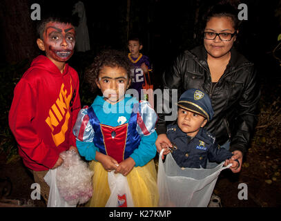 Halloween trick and treaters costumed in sports, dancer, and military with mom. St Paul Minnesota MN USA Stock Photo