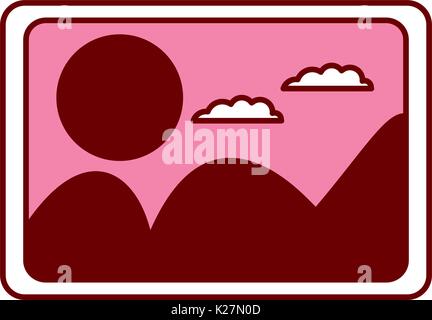 pink and scarlet red sections silhouette of picture with landscape with mountains and sun and clouds Stock Vector