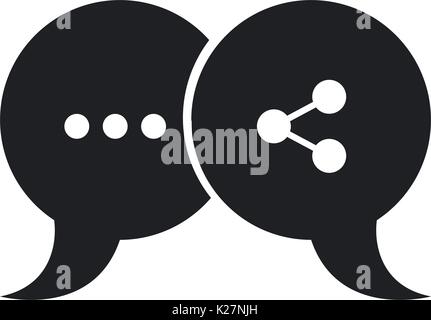 black silhouette of pair speech bubbles with symbols of ellipsis and network Stock Vector