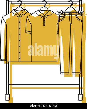 yellow watercolor silhouette of male clothes rack with shirts and pants on hangers Stock Vector