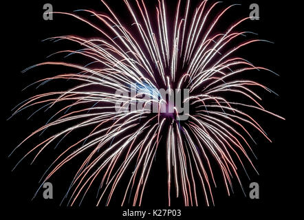 An aerial firework explodes with a shower of bright streaks created by gunpowder in a pyrotechnic device that was shot into a dark sky that is the background for this aesthetic display. Stock Photo