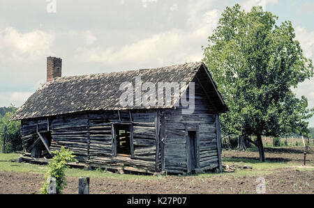 An old abandoned log home with a wood-shingle roof and a brick chimney is slowly falling into disrepair in a farm field in northern Florida, USA. Stock Photo