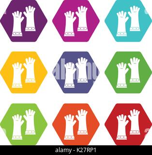 Heat resistant gloves for welding icon set color hexahedron Stock Vector