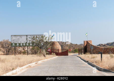 ETOSHA NATIONAL PARK, NAMIBIA - JUNE 27, 2017: The Galton Gate at the Western border of the Etosha National Park in Namibia Stock Photo