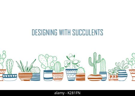 Seamless row of colored contour cacti . Vector Stock Vector