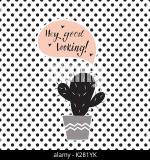 Hand drawn cactus with pink speech bubble on polka dot background. Vector illustration  in black, gray and pastel coors . Stock Vector