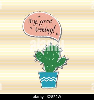 Hand drawn cactus patch with pink speech bubble. Vector illustration  . Stock Vector