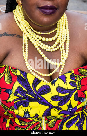 Miami Florida,Wynwood,Wynwood Life Street Festival,Black woman female women,Haitian,beads,necklace,colorful,dress,FL170430206 Stock Photo