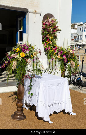 Small altar set up for an Orthodox  Greek wedding ceremony, Mykonos, Cyclades, Greece. Stock Photo