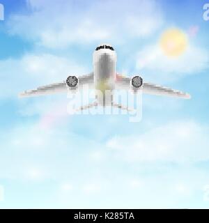 Beautiful vector illustration of airplane flying in sky with clouds ...