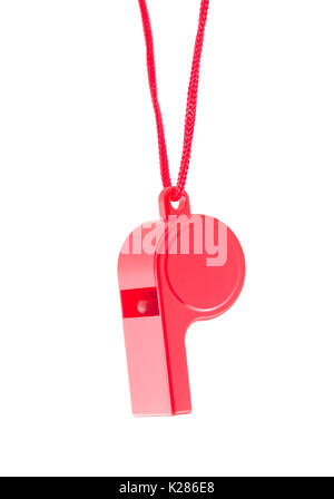 Red plastic whistle on a white background Stock Photo