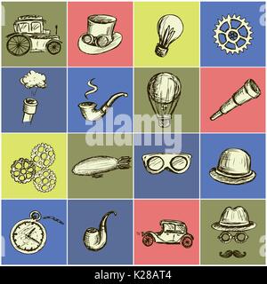 Set Steampunk icon, hand drawn vector illustration. Stock Vector