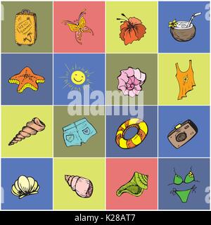 Colored Set icon summer holiday, Hand drawn vector illustrations Stock Vector