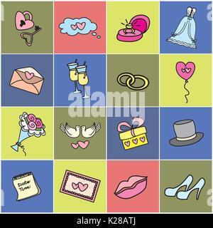 Colored  icon set - Wedding, marriage, bridal. Hand drawn vector Stock Vector