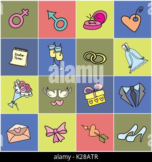 Colored  icon set - Wedding, marriage, bridal. Hand drawn vector Stock Vector