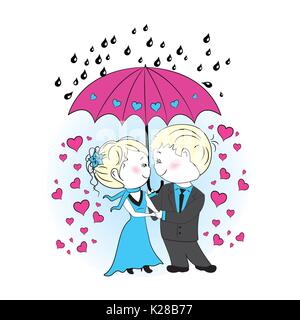 Couple in love standing under an umbrella in the rain,vector illustration Stock Vector