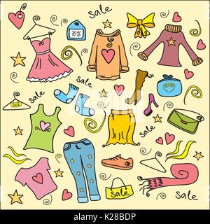 fashion shopping set, clothes and accessories, vector illustration Stock Vector