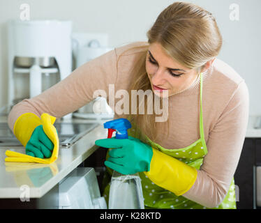 Brunette Maid Cleaning In Domestic Kitchen With Sprayer Stock Photo,  Picture and Royalty Free Image. Image 53744325.