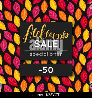 Autumn sale. Discount in fall. Special offer. Pattern with fallen colorful leaves. Repeating background. Lettering Stock Vector