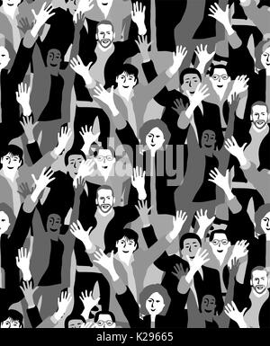 Big crowd happy people black and white seamless pattern. Stock Vector