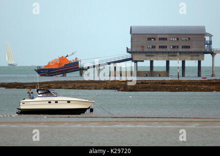 Tamar Class, Lifeboat, being, launched, recovered, from sea, Bembridge, Lifeboat Station, Isle of Wight, UK, Stock Photo