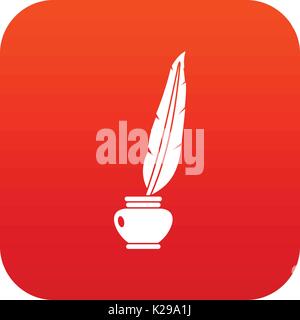 Feather quill pen standing in bottle of ink icon digital red Stock Vector