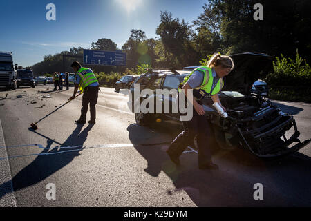 The police officers of the highway police in Recklinghausen started the accident recording at the scene of the accident on the restricted A2 motorway Stock Photo