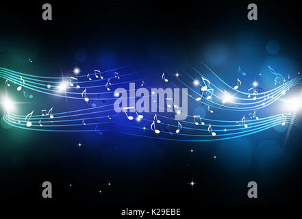 abstract music notes and blurry lights on dark blue background Stock Photo