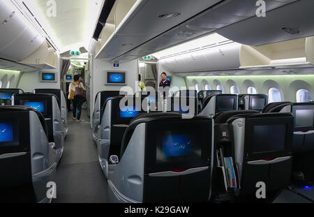 Tokyo, Japan - May 15, 2017. Japan Airlines Boeing 787 Dreamliner first class suites at Haneda Airport in Tokyo, Japan. The Dreamliner is an American  Stock Photo