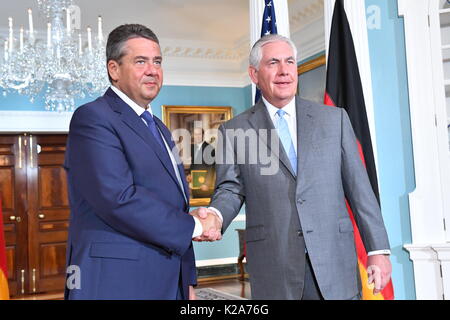 Washington, United States Of America. 29th Aug, 2017. U.S. Secretary of State Rex Tillerson welcomes German Foreign Minister Sigmar Gabriel before the start of a bilateral meeting August 29, 2017 in Washington, DC Credit: Planetpix/Alamy Live News Stock Photo