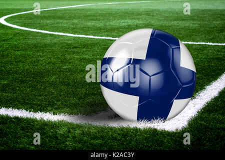 High quality render of soccer ball ready to shoot at at soccer field on green grasses. 3D rendering. Stock Photo