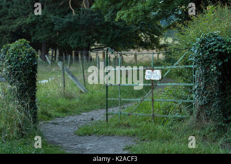 In a rural setting, a five-bar metal gate stands open & leads to a tree-lined public footpath - Burley-in-Wharfedale, West Yorkshire, England, UK. Stock Photo