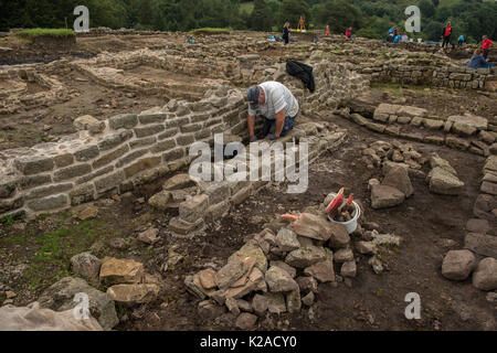 Vindolanda on Hadrian's Wall, Northumberland, England. August 2017 Vindolanda Roman Fort saw it's first Roman settlement between AD 74 and AD 85. Ther Stock Photo