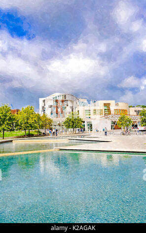 Watercolour painting of the exterior of the Scottish Parliament Building, Holyrood, Edinburgh, Scotland, designed by the architect Enric Miralles Stock Photo