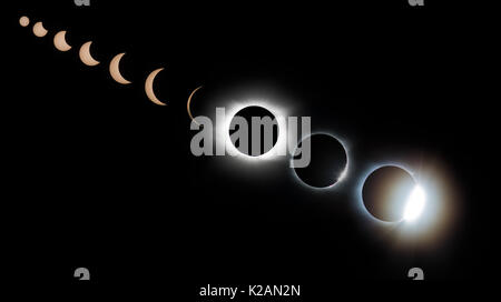 Just after Baily's Beads are visible, the light creates what is known as the "diamond ring effect".  Baily's Beads, sometimes known as the diamond ring effect,  are a feature of annular and total solar eclipses.  They are created by the irregular topogrpahy on the surface of the moon that allows light to shine through in some places white being blocked in others.  Baily's beads are named after Francis Baily who explained the phenomena in 1836.  The sun's corona is a blanket of extremely hot gases made up of hihgly ionized materials, including iron.   The actual temperature of the corona is mor Stock Photo