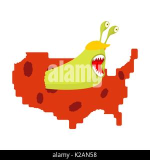Worm eat map USA. Pests in America. Parasites in United States Stock Vector