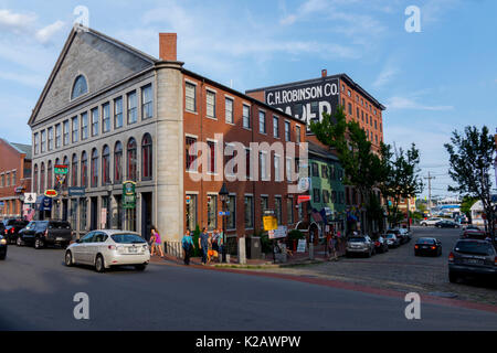 USA Maine ME Portland Fore Street in old downtown Portland city  Shops and restaurants Stock Photo