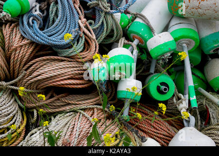 USA Maine ME Monhegan Island Floats and ropes used by lobster fishermen are in a pile waiting for the fishing season Stock Photo