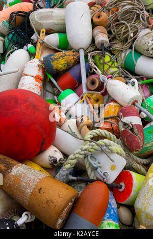 USA Maine ME Monhegan Island Floats and ropes used by lobster fishermen are in a pile waiting for the fishing season Stock Photo