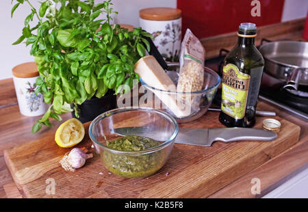 Making home made Italian  pesto sauce with basil parmesan cheese garlic and pine nuts with olive oil Stock Photo