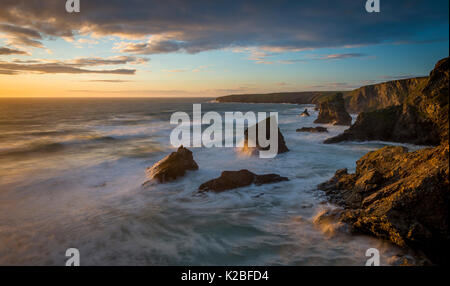 A view from the clifftops at Bedruthan Steps in Cornwall. Stock Photo