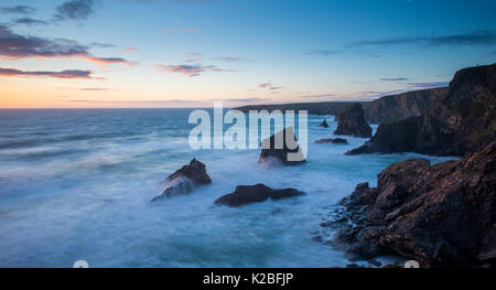 A view from the clifftops at Bedruthan Steps in Cornwall. Stock Photo