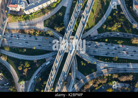 Los Angeles Harbor 110 and Hollywood 101 downtown four level freeway interchange in Southern California. Stock Photo