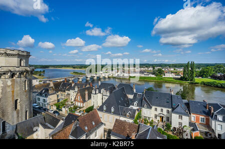 France, Centre-Val de Loire, view of Amboise, the Loire River and the Minimes Tower of the Royal Castle Château d'Amboise Stock Photo
