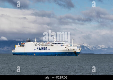 Navimag ferry 'Eden' sailing up the Last Hope Sound (Ultima Esperanza) at Puerto Natales, Chile. All non-editorial uses must be cleared individually. Stock Photo