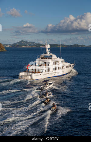 Teleost, 161' Feadship and RIB running in St. Thomas, US Virgin Islands November 2013. Stock Photo