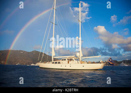 Galileo yacht with rainbow in St. Barts Island, West Indies. March 2012. Stock Photo