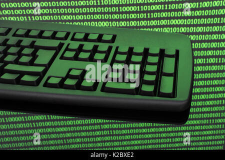 Black keyboard + binary code - for online transactions, cybercrime darkweb, hacking, cyberattack, data protection cyber-theft, 1s and 0s, hacktivism. Stock Photo