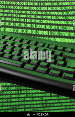 Black keyboard + binary code - for online transactions, cybercrime darkweb, hacking, cyberattack, data protection cyber-theft, 1s and 0s, hacktivism. Stock Photo